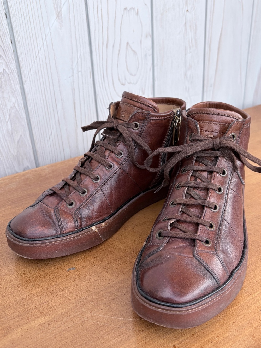Santoni Brown Leather High-Top Sneakers with Side Zip